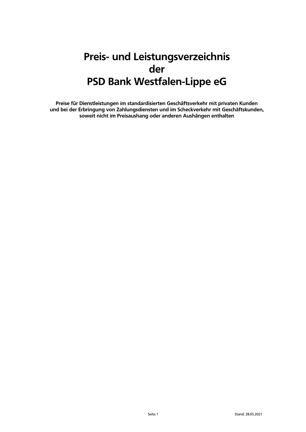 Preis- Und Leistungsverzeichnis Der PSD Bank Westfalen-Lippe Eg