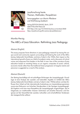 The Abcs of Jazz Education. Rethinking Jazz Pedagogy