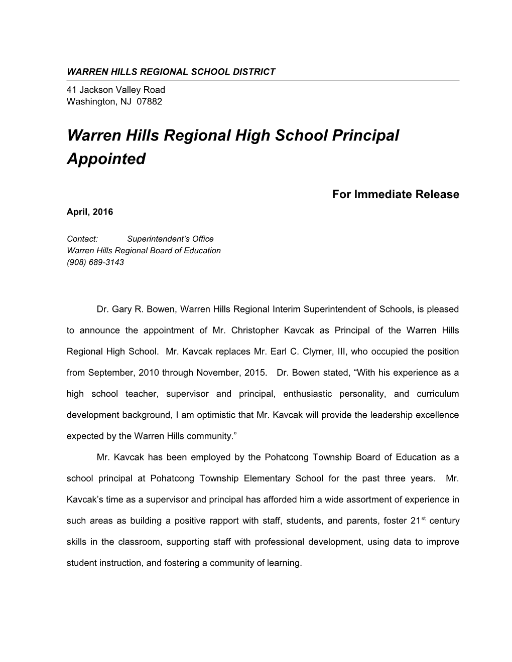 WARREN HILLS REGIONAL School DISTRICT s1