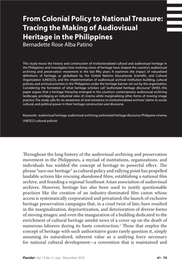 From Colonial Policy to National Treasure: Tracing the Making of Audiovisual Heritage in the Philippines Bernadette Rose Alba Patino