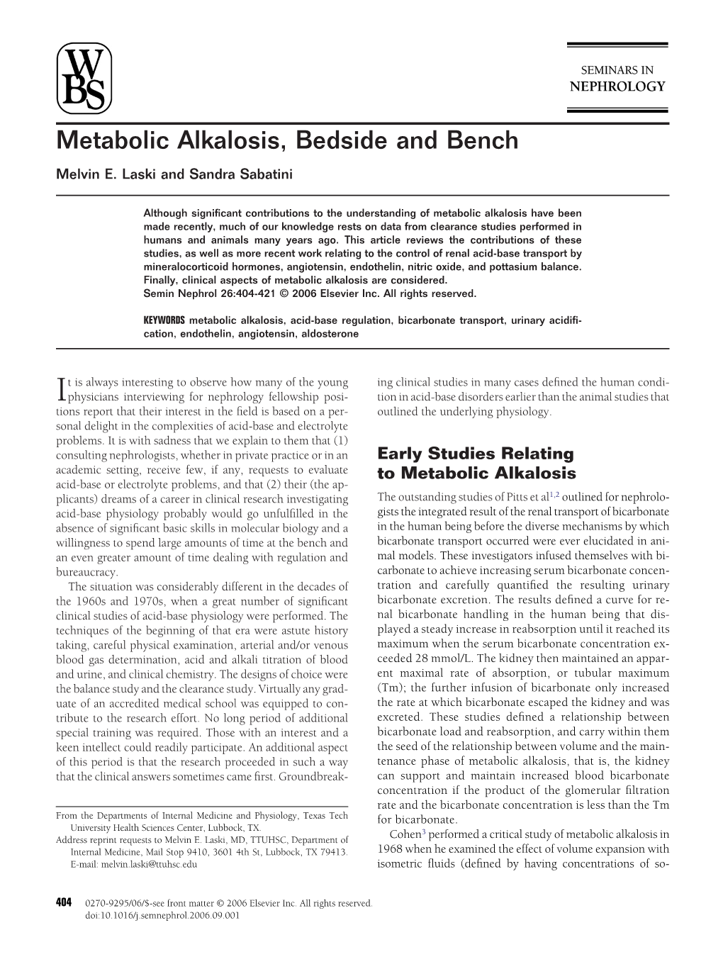 Metabolic Alkalosis, Bedside and Bench Melvin E