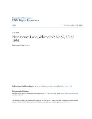 New Mexico Lobo, Volume 059, No 57, 2/16/1956." 59, 57 (1956)