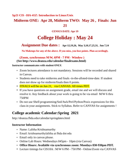 College Holiday : May 24