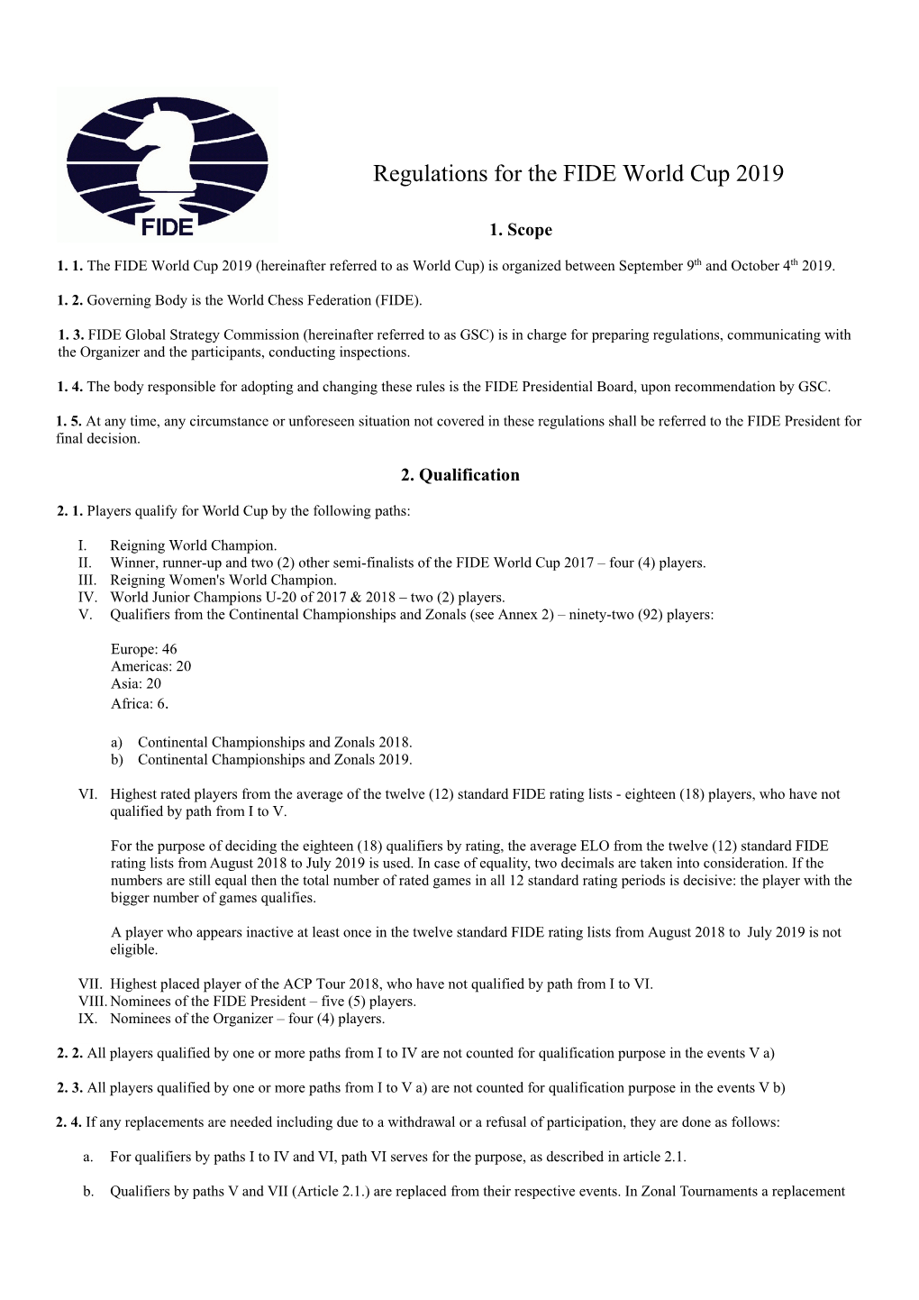 Regulations for the FIDE World Cup 2019