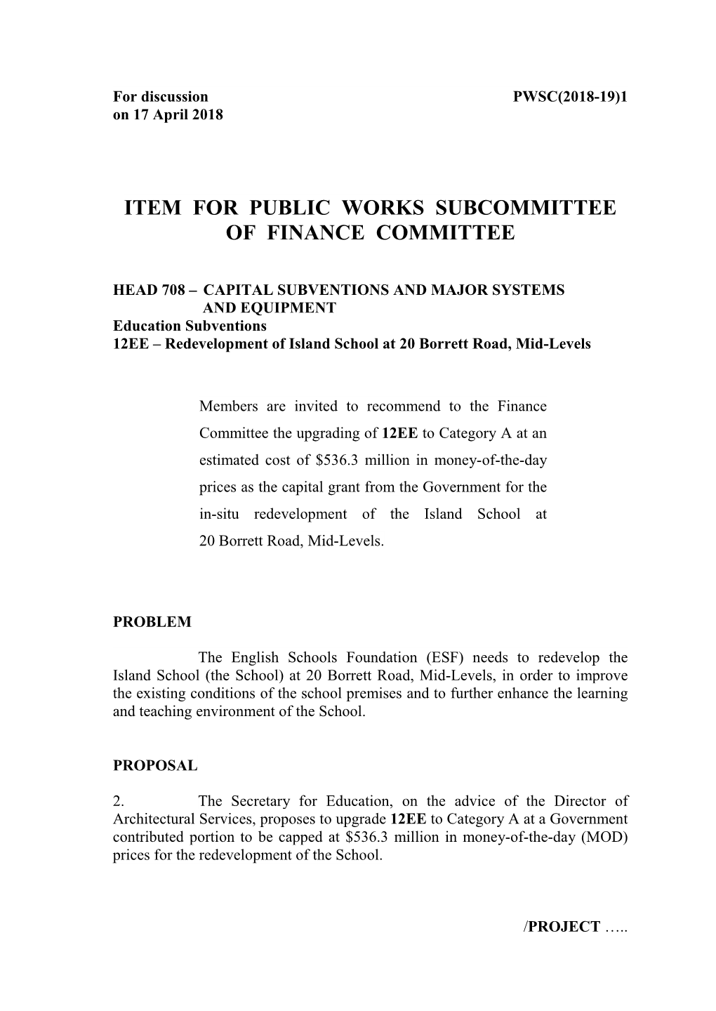 Item for Public Works Subcommittee of Finance Committee