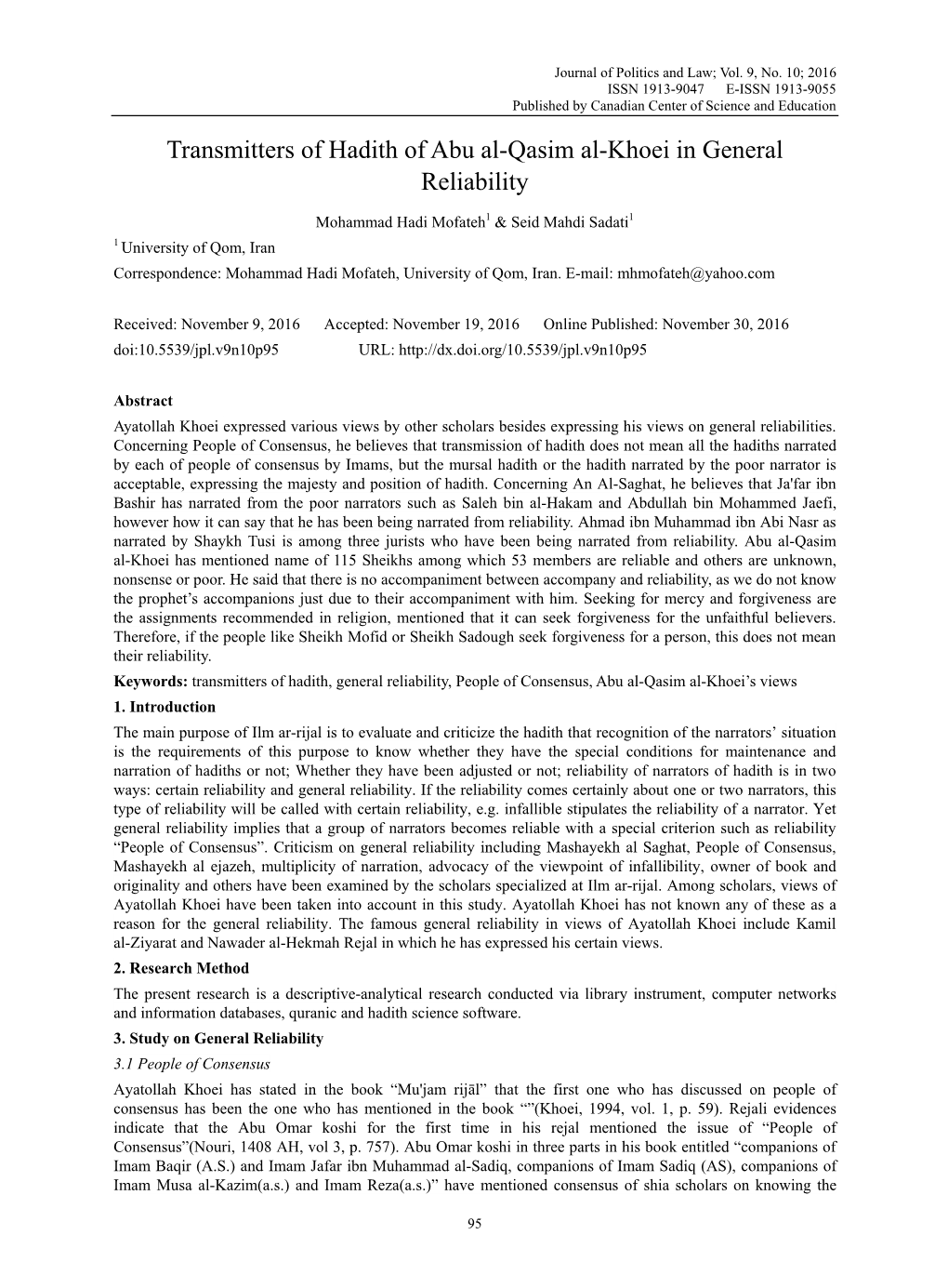 Transmitters of Hadith of Abu Al-Qasim Al-Khoei in General Reliability