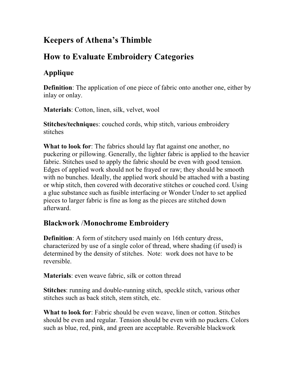 Keepers of Athena's Thimble How to Evaluate Embroidery Categories