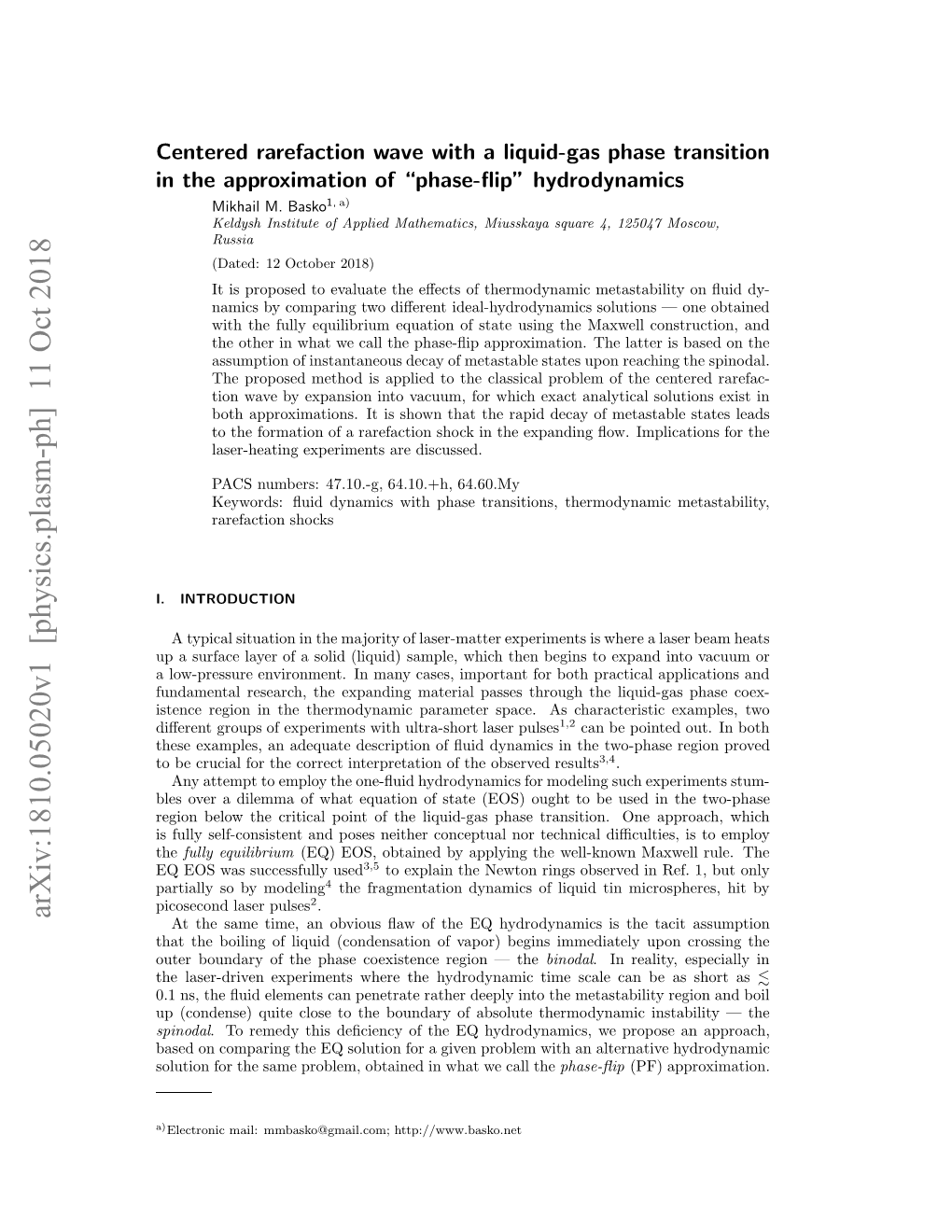 Centered Rarefaction Wave with a Liquid-Gas Phase Transition in The