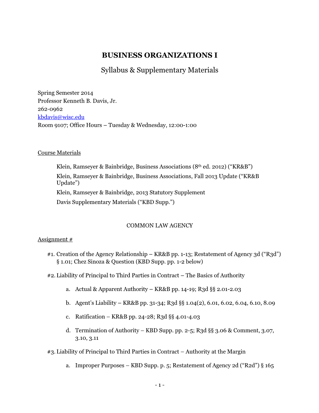 BUSINESS ORGANIZATIONS I Syllabus & Supplementary Materials