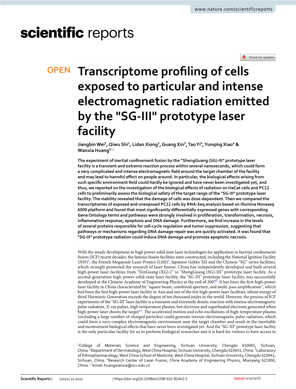 Transcriptome Profiling of Cells Exposed to Particular and Intense Electromagnetic Radiation Emitted by the "SG-III" P