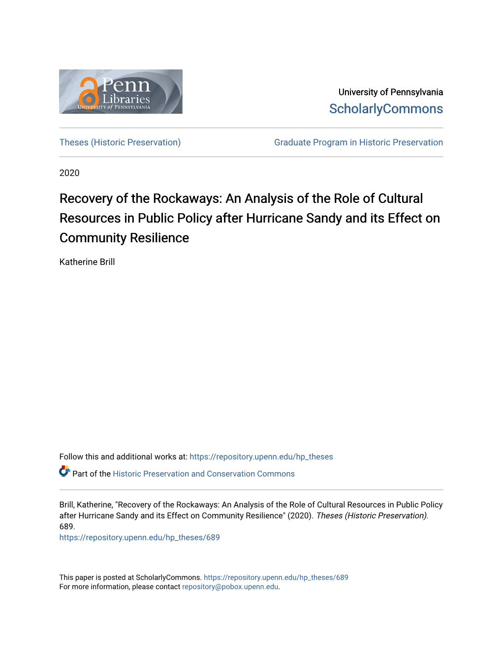 Recovery of the Rockaways: an Analysis of the Role of Cultural Resources in Public Policy After Hurricane Sandy and Its Effect on Community Resilience