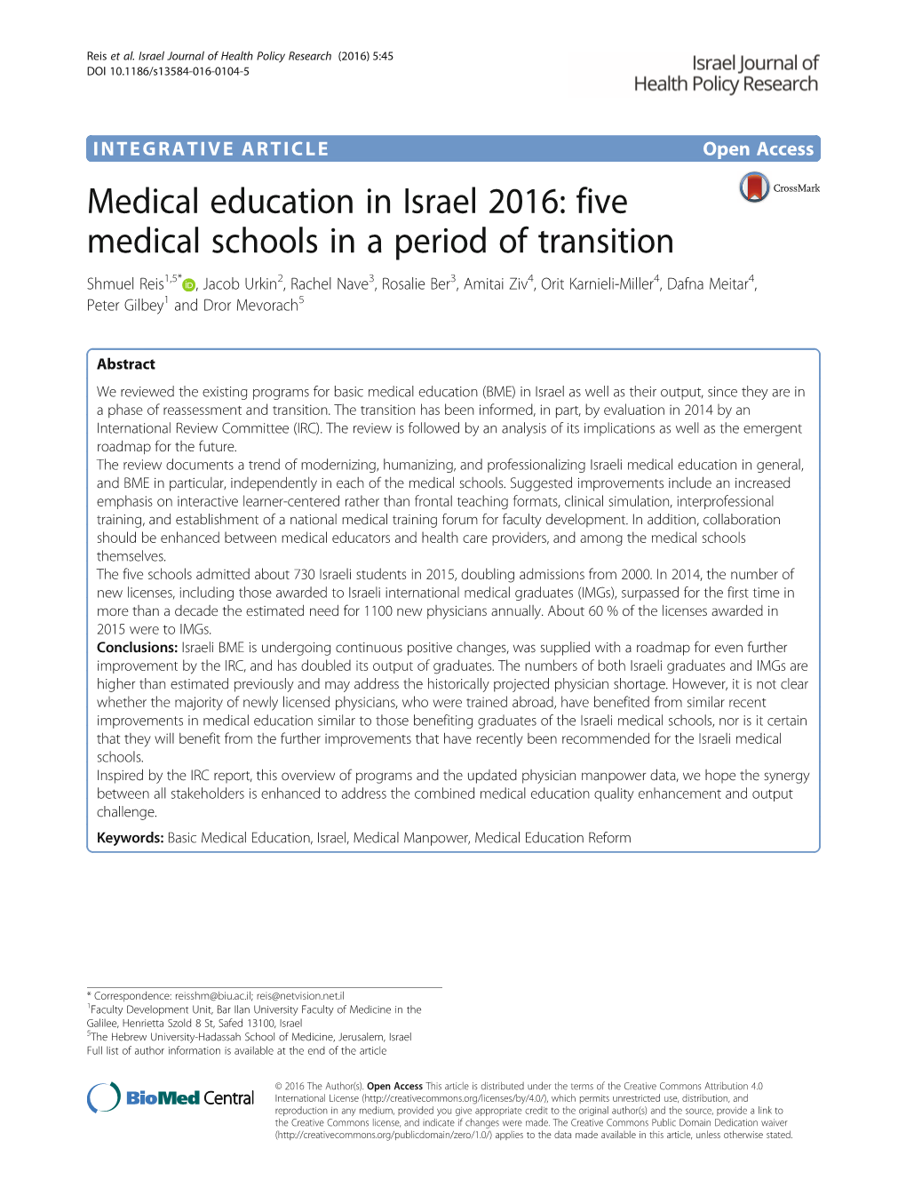 Medical Education in Israel 2016