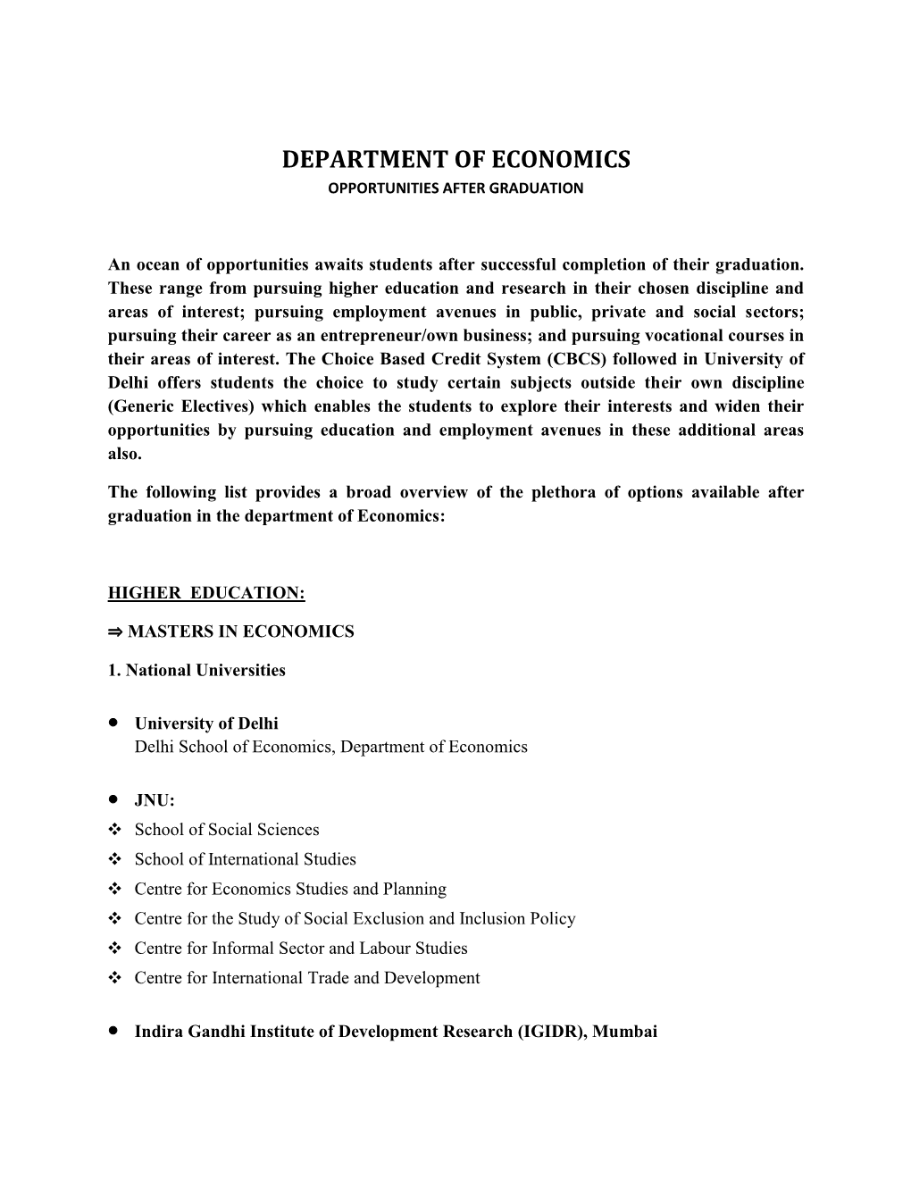 Department of Economics Opportunities After Graduation