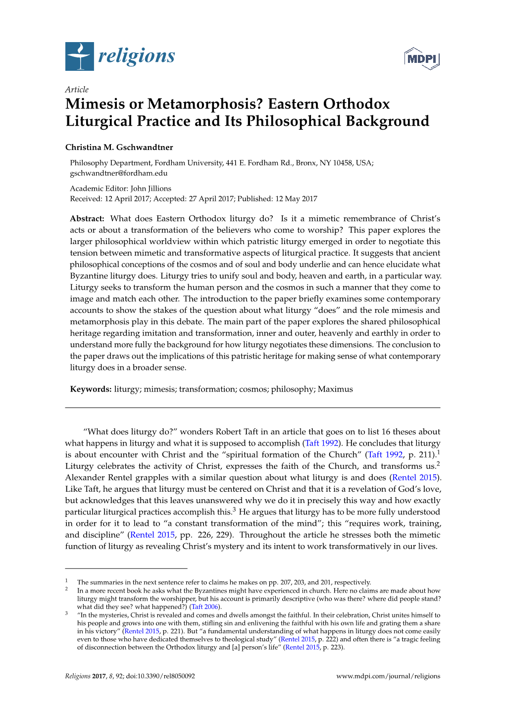 Mimesis Or Metamorphosis? Eastern Orthodox Liturgical Practice and Its Philosophical Background