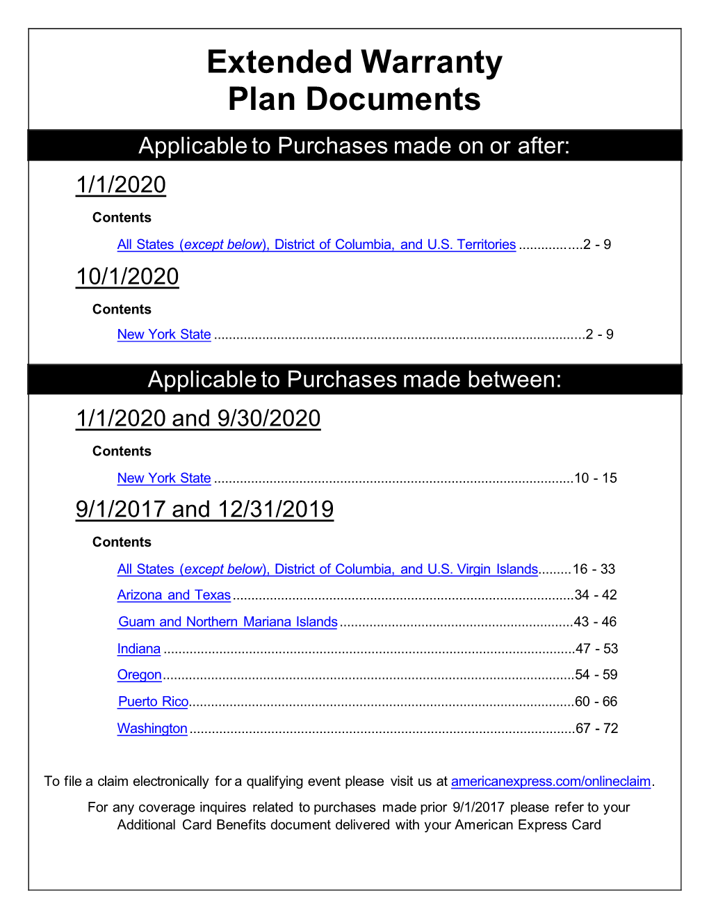 Extended Warranty Plan Documents Applicable to Purchases Made on Or After: 1/1/2020 Contents All States (Except Below), District of Columbia, and U.S