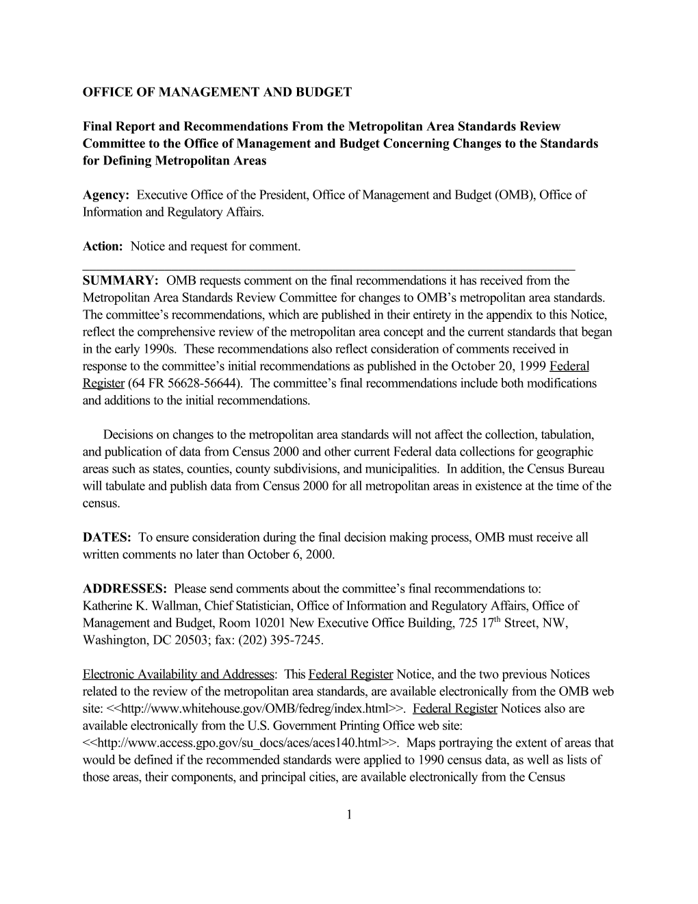 Final Report and Recommendations from the Metropolitan Area Standards Review Committee to the Office of Management and Budg