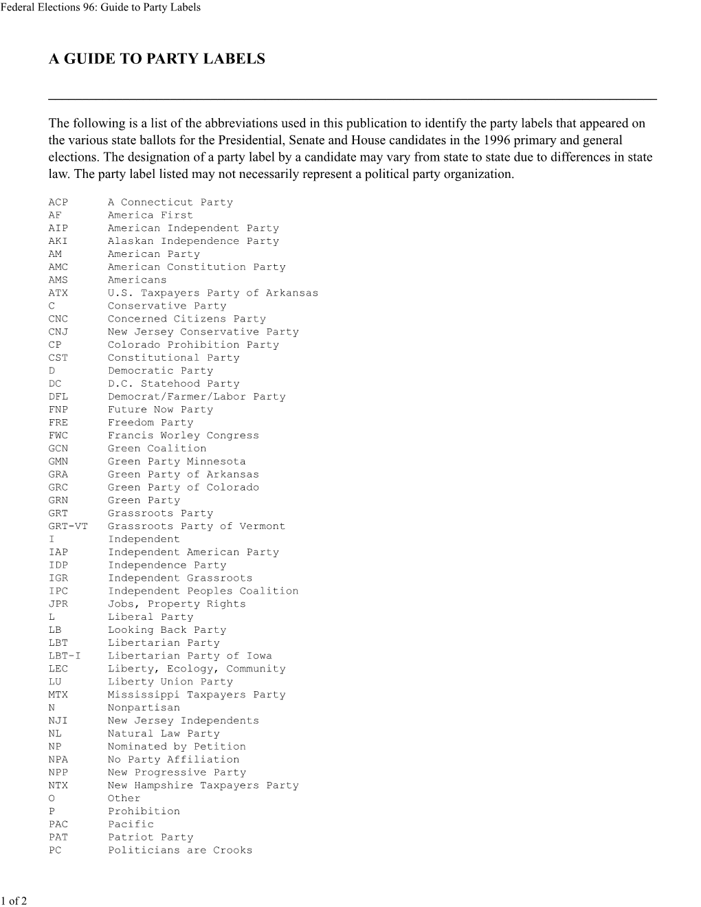 Federal Elections 96: Guide to Party Labels