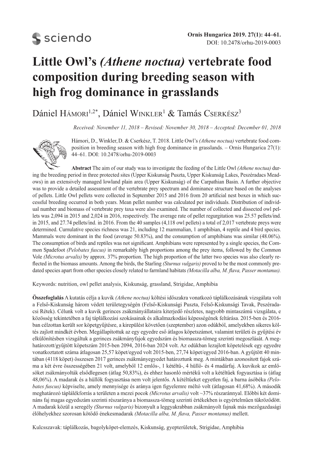 Little Owl's (Athene Noctua) Vertebrate Food Composition During Breeding