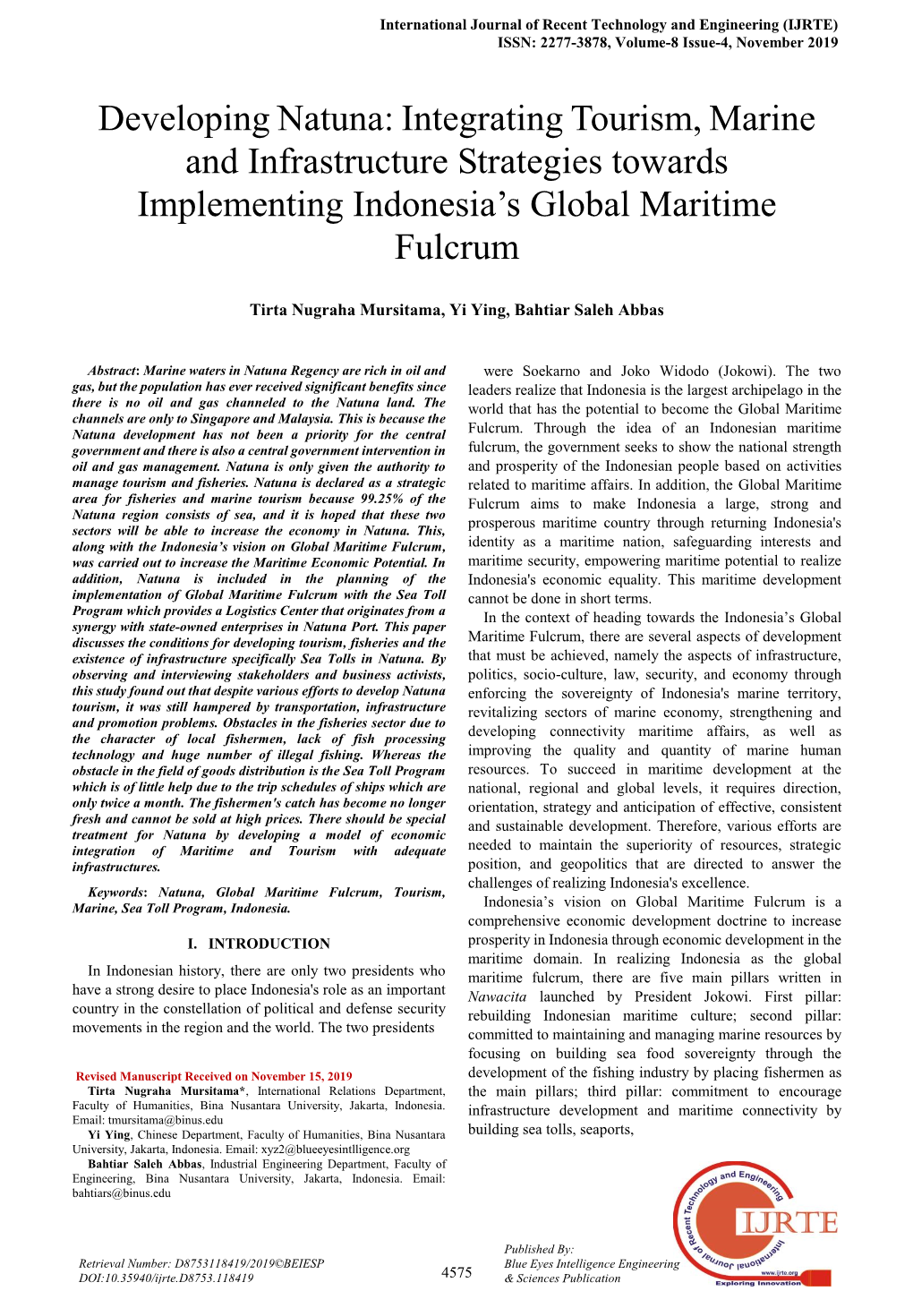 Developing Natuna: Integrating Tourism, Marine and Infrastructure Strategies Towards Implementing Indonesia’S Global Maritime Fulcrum