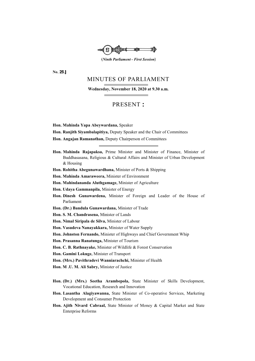 Minutes of Parliament for 18.11.2020