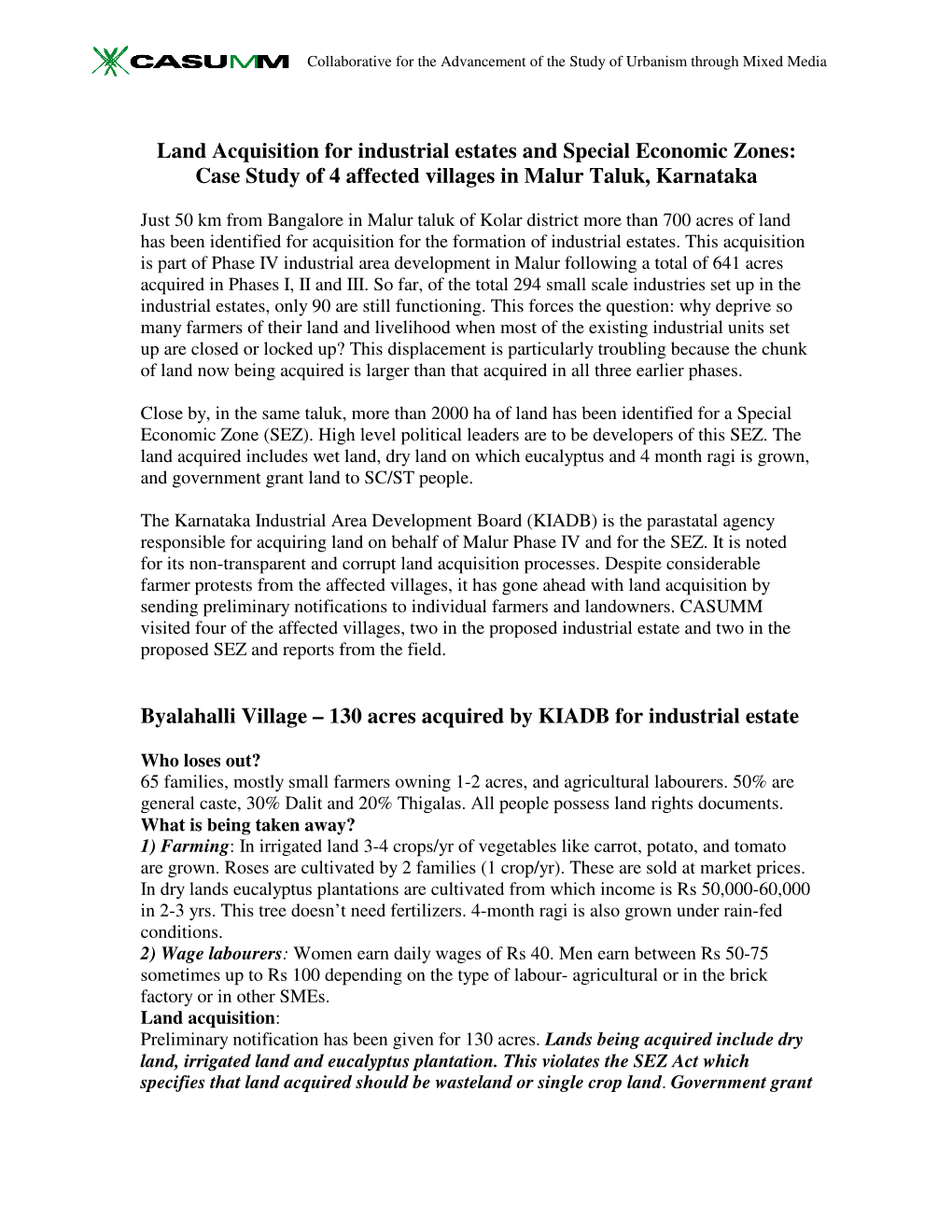 Land Acquisition for Industrial Estates and Special Economic Zones: Case Study of 4 Affected Villages in Malur Taluk, Karnataka