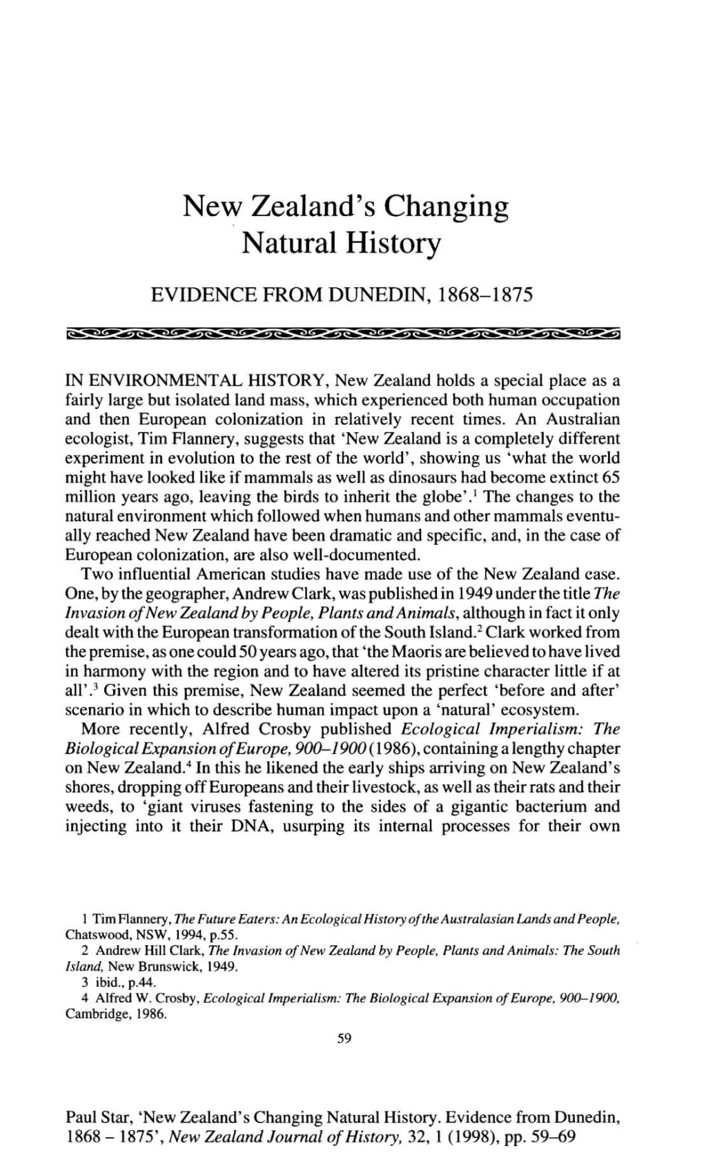 Paul Star, 'New Zealand's Changing Natural History. Evidence from Dunedin, 1868 - 1875', New Zealand Journal of History, 32, 1 (1998), Pp