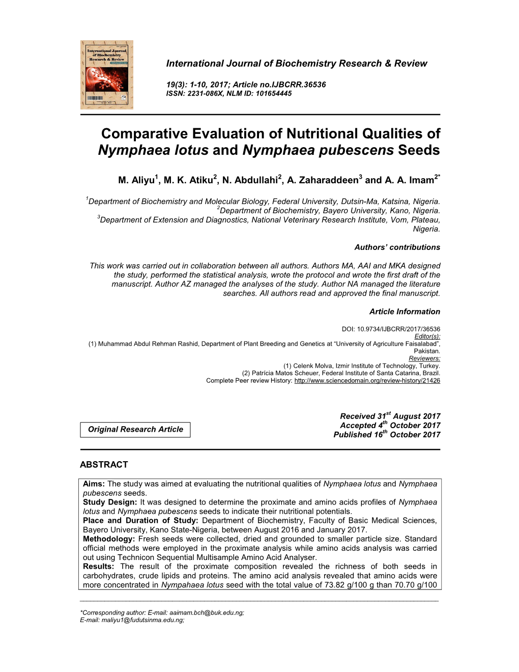 Comparative Evaluation of Nutritional Qualities of Nymphaea Lotus and Nymphaea Pubescens Seeds