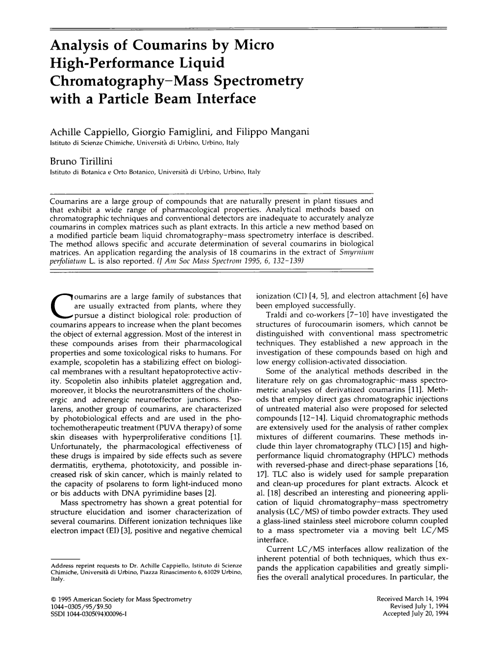 Analysis of Coumarins by Micro High-Performance Liquid Chromatography-Mass Spectrometry with a Particle Beam Interface