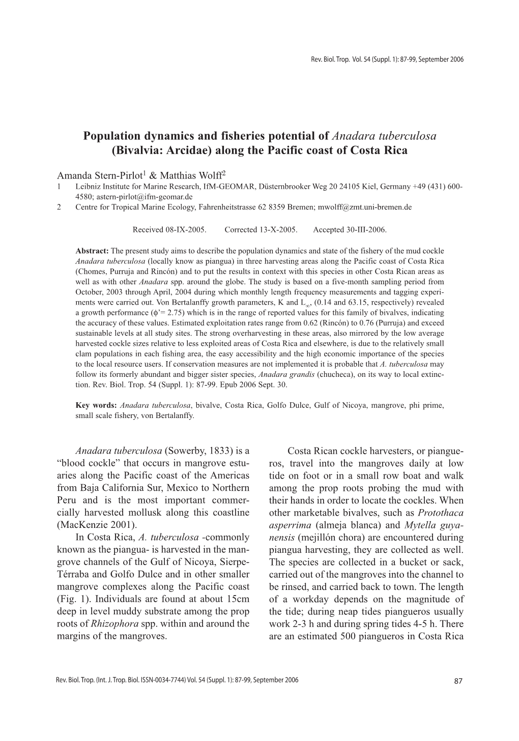 Population Dynamics and Fisheries Potential of Anadara Tuberculosa (Bivalvia: Arcidae) Along the Pacific Coast of Costa Rica