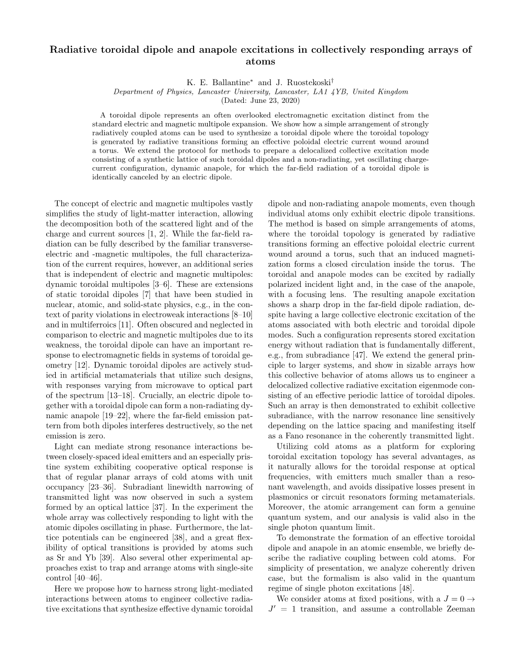 Radiative Toroidal Dipole and Anapole Excitations in Collectively Responding Arrays of Atoms