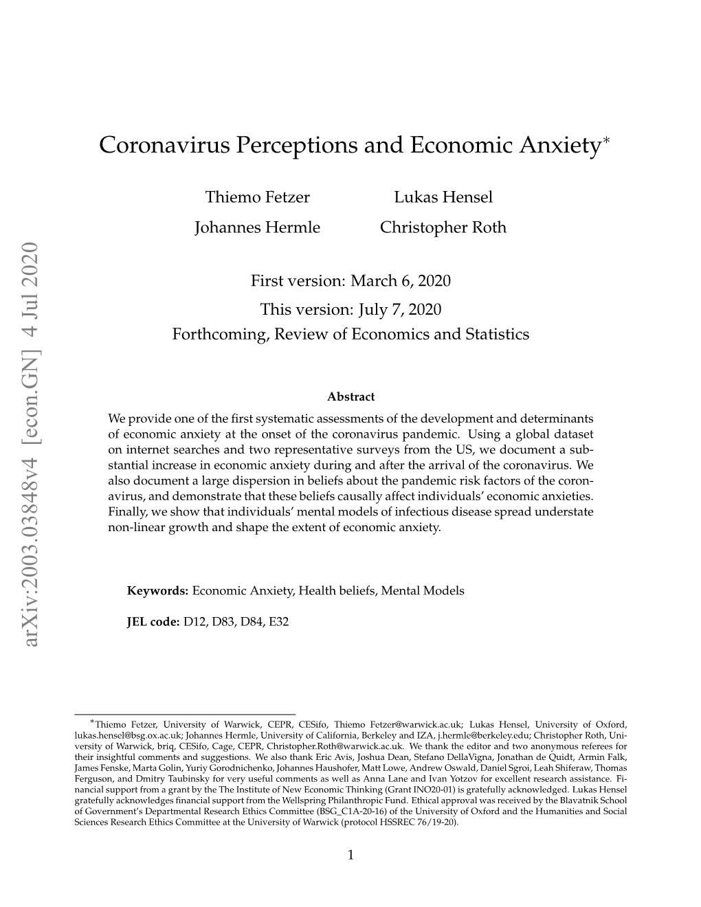 Coronavirus Perceptions and Economic Anxiety Arxiv