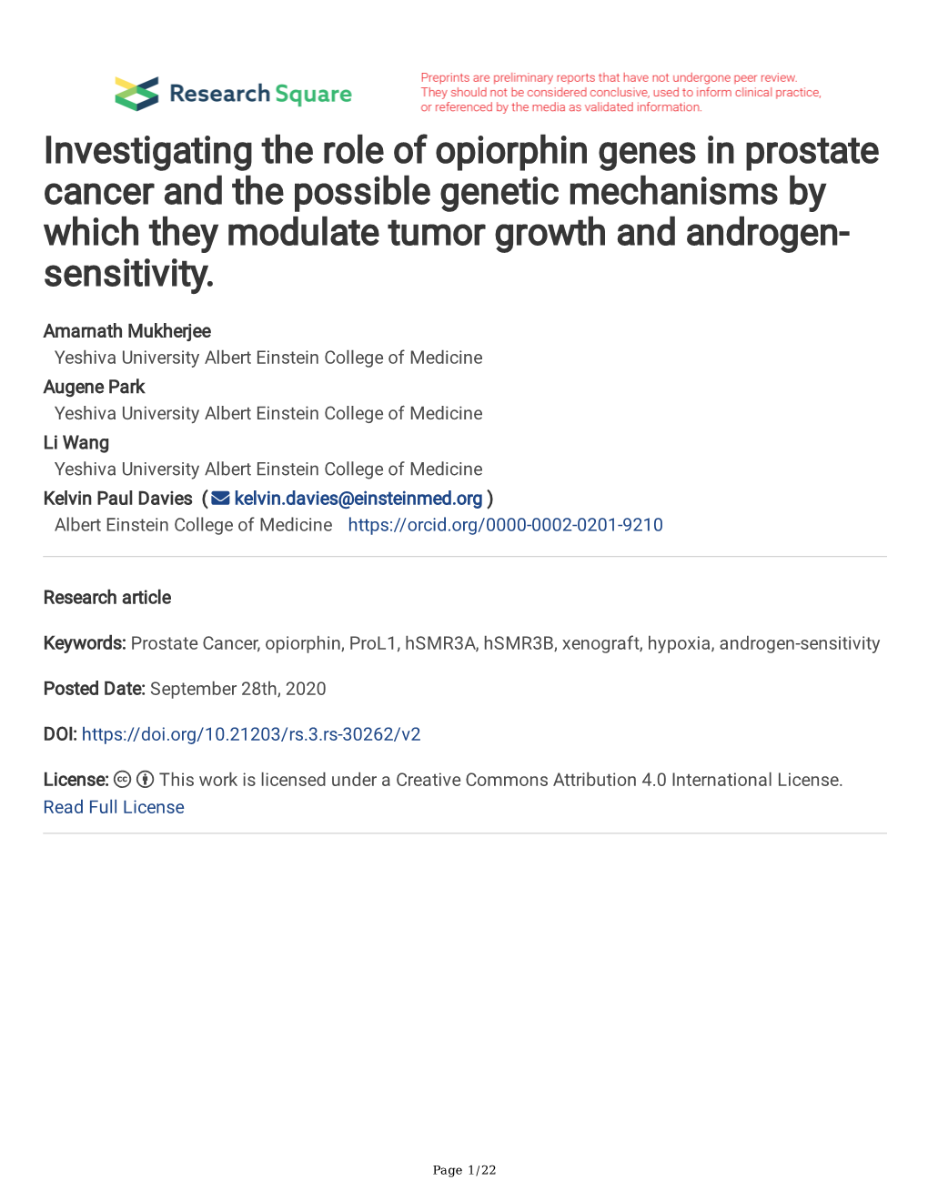 Investigating the Role of Opiorphin Genes in Prostate Cancer and the Possible Genetic Mechanisms by Which They Modulate Tumor Growth and Androgen- Sensitivity