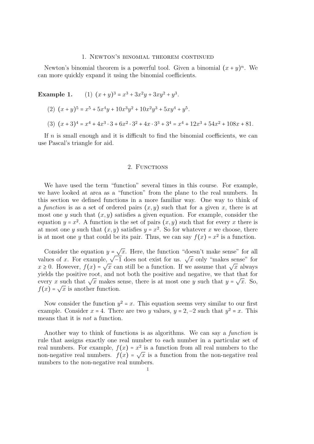 1. Newton's Binomial Theorem Continued Newton's Binomial