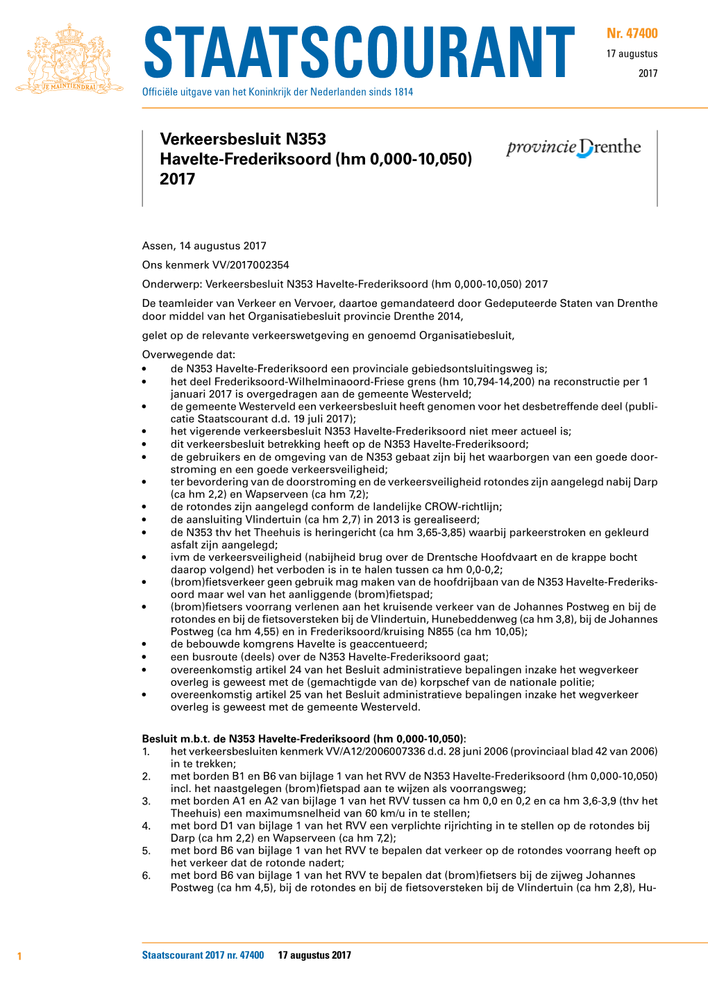 Verkeersbesluit N353 Havelte-Frederiksoord (Hm 0,000-10,050) 2017