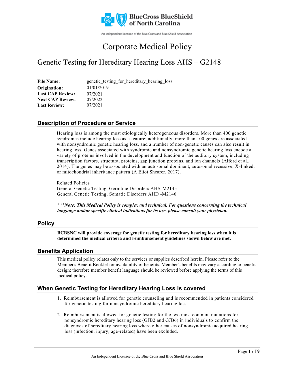 Genetic Testing for Hereditary Hearing Loss AHS – G2148