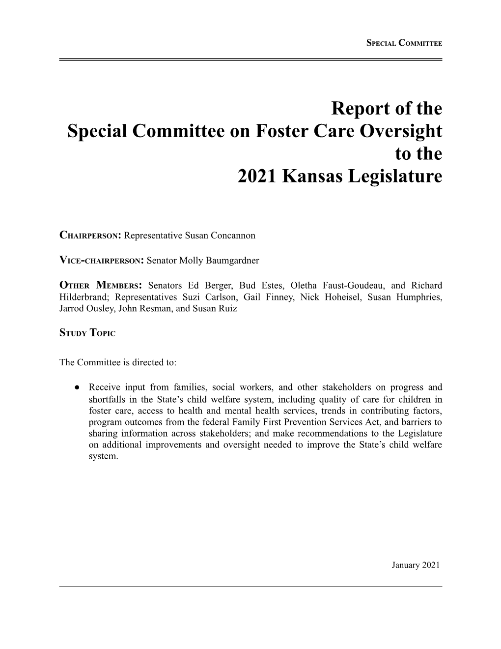Special Committee on Foster Care Oversight to the 2021 Kansas Legislature
