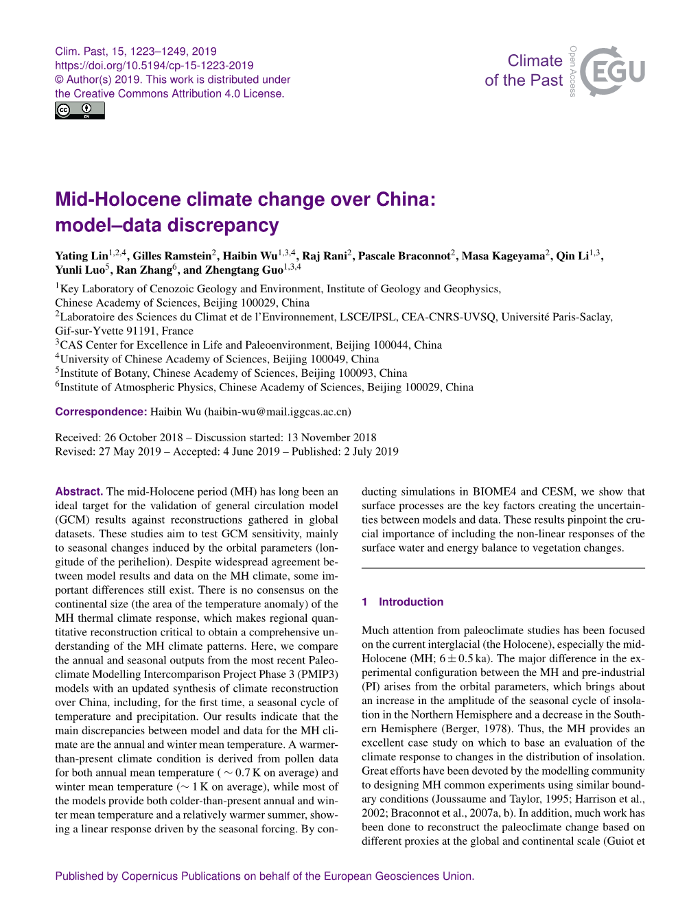 Mid-Holocene Climate Change Over China: Model–Data Discrepancy