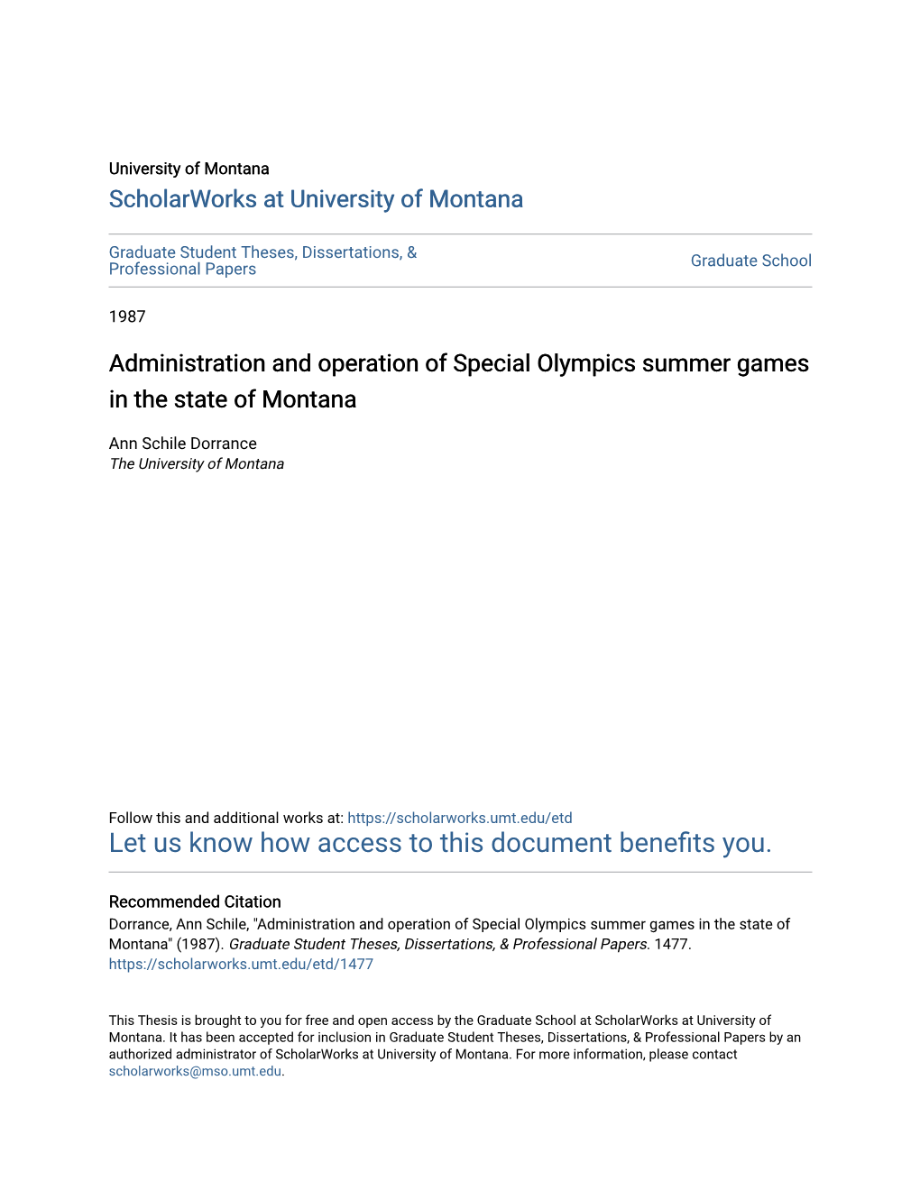 Administration and Operation of Special Olympics Summer Games in the State of Montana