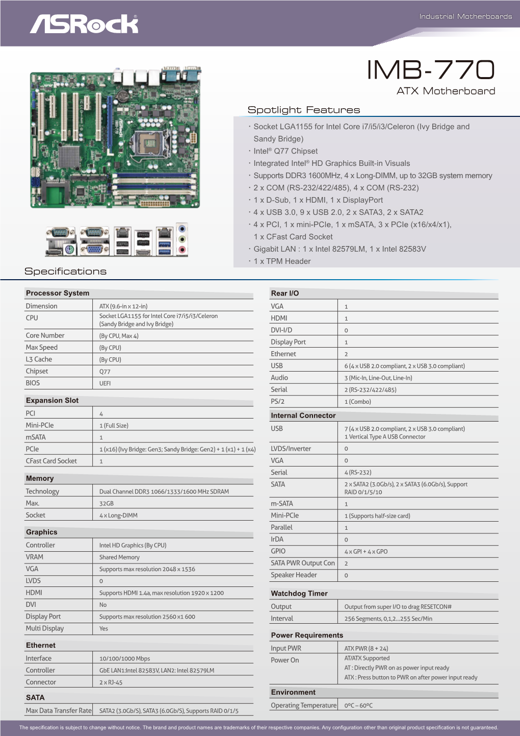 IMB-770 ATX Motherboard Spotlight Features