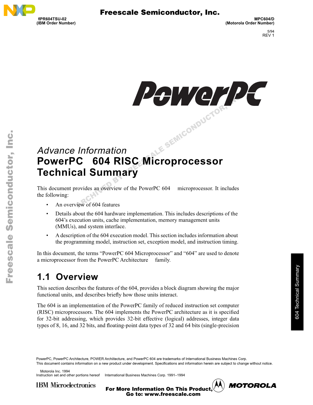 Powerpc™ 604 RISC Microprocessor Technical Summary