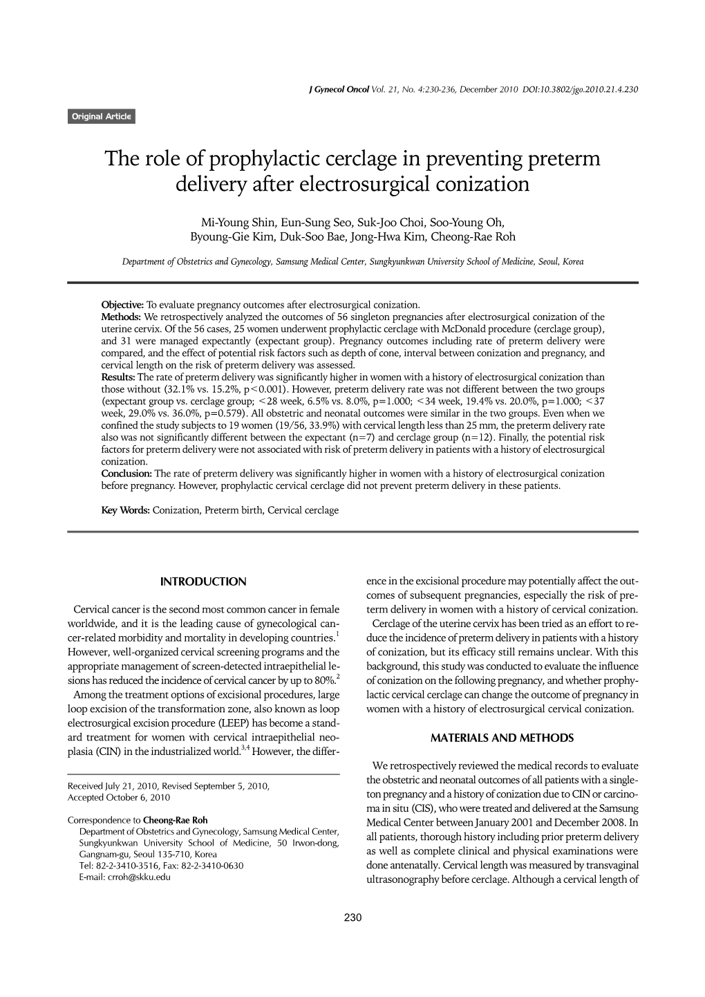 The Role of Prophylactic Cerclage in Preventing Preterm Delivery After Electrosurgical Conization