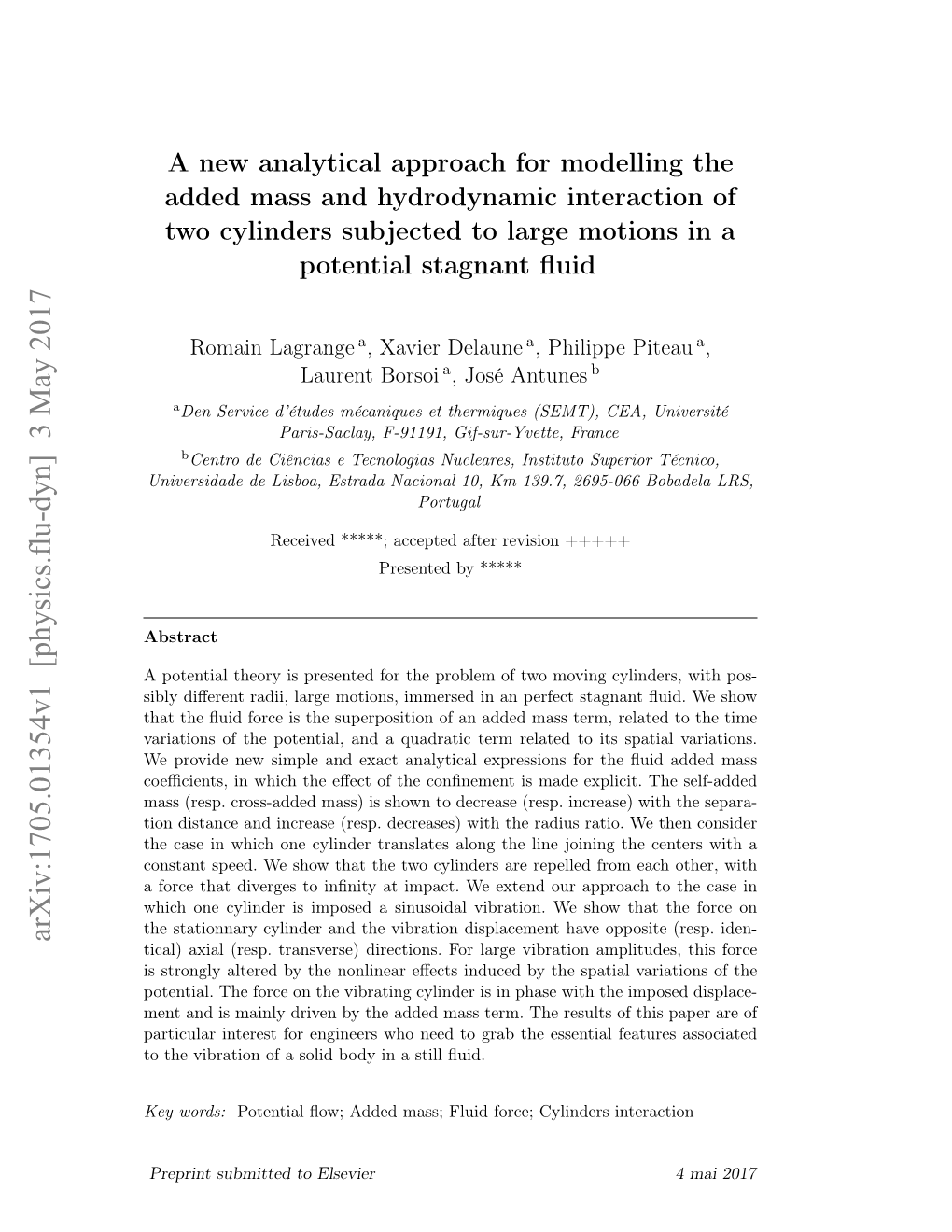 A New Analytical Approach for Modelling the Added Mass and Hydrodynamic Interaction of Two Cylinders Subjected to Large Motions in a Potential Stagnant ﬂuid