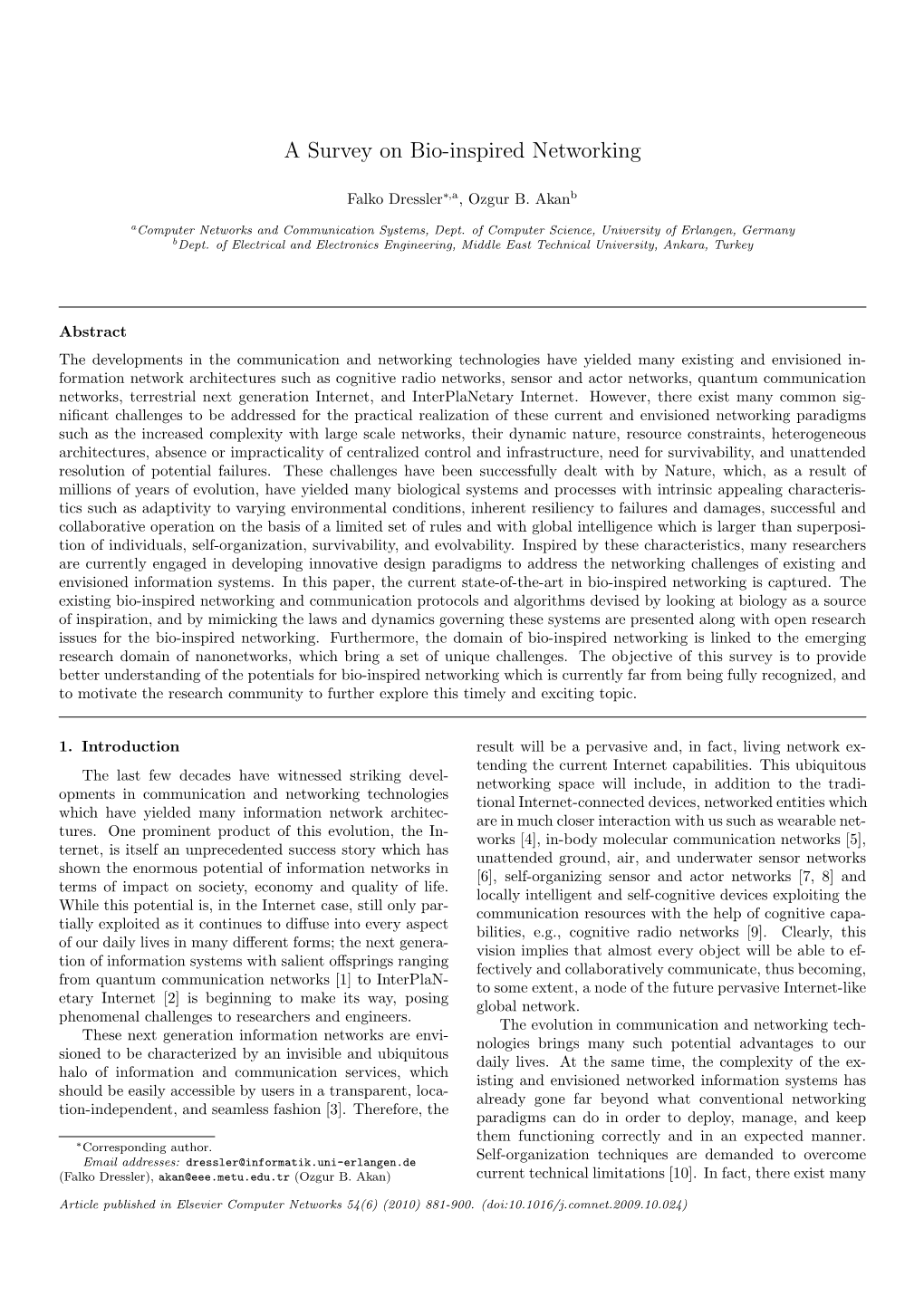 A Survey on Bio-Inspired Networking