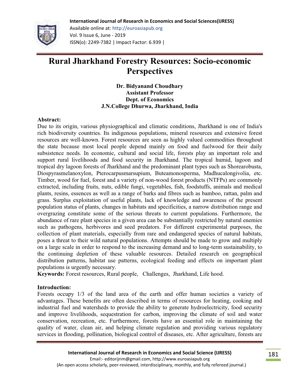 Rural Jharkhand Forestry Resources: Socio-Economic Perspectives