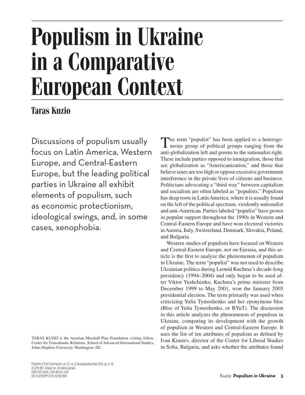 Populism in Ukraine in a Comparative European Context Taras Kuzio