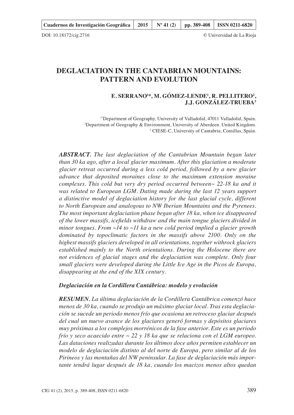 Deglaciation in the Cantabrian Mountains: Pattern and Evolution