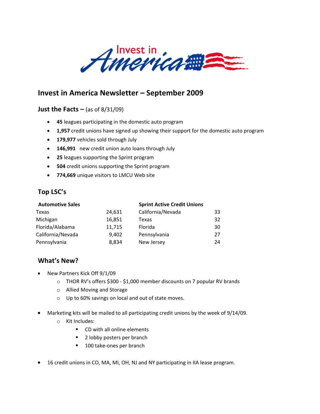 Invest In America Newsletter – June 2009