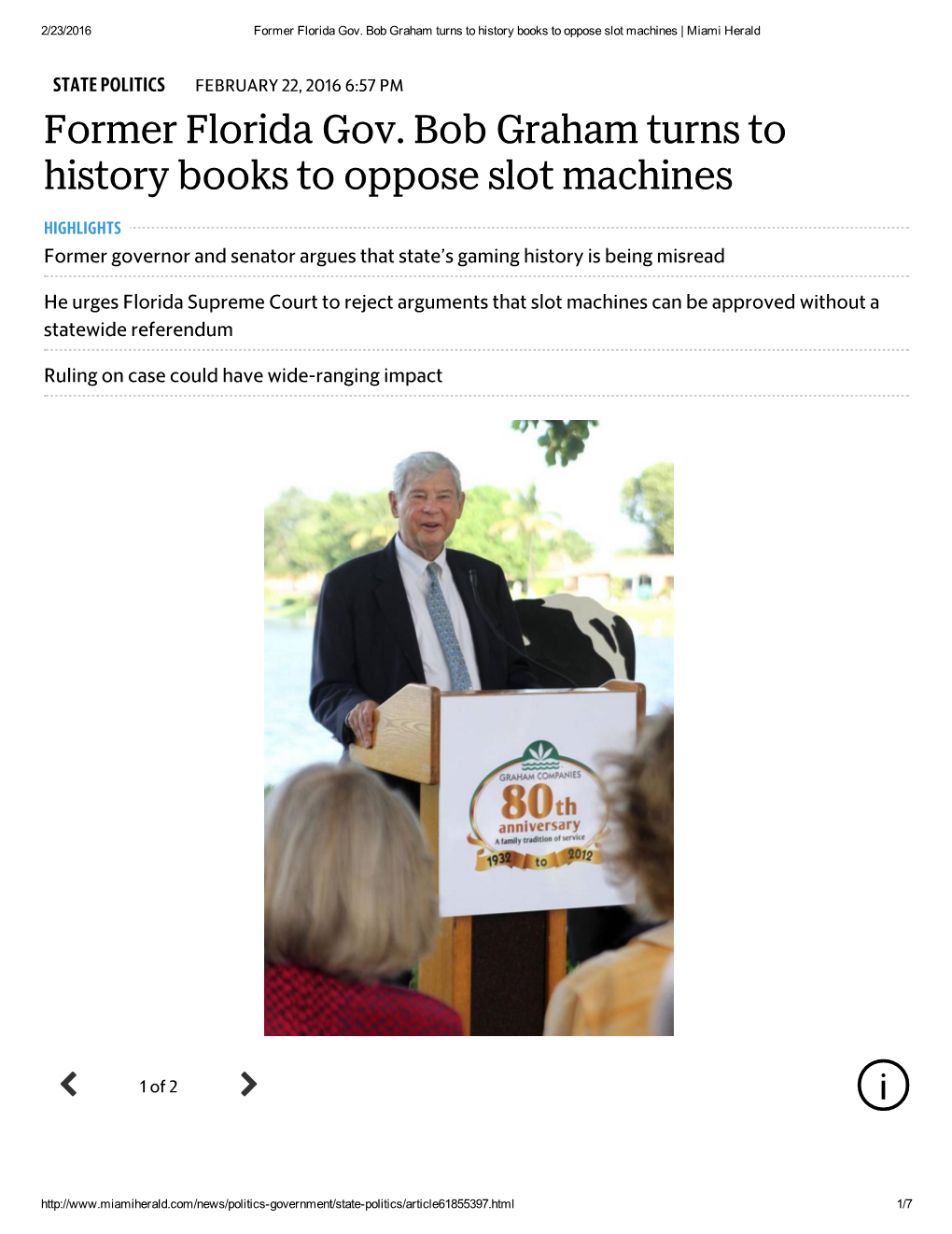 Former Florida Gov. Bob Graham Turns to History Books to Oppose Slot Machines | Miami Herald