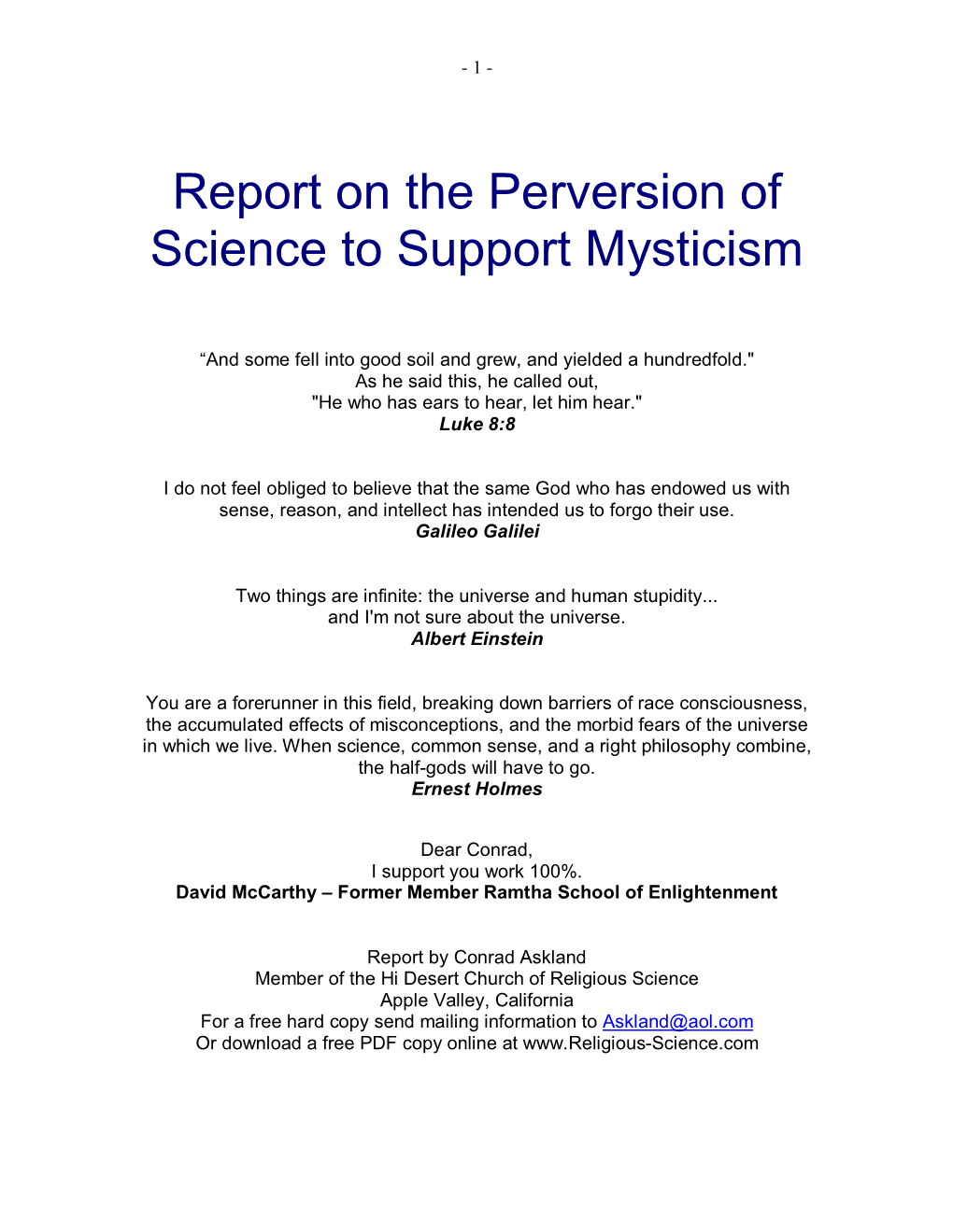 Report on the Perversion of Science to Support Mysticism