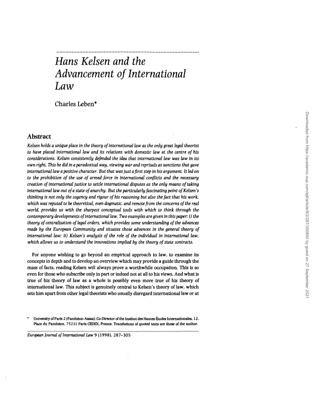 Hans Kelsen and the Advancement of International Law